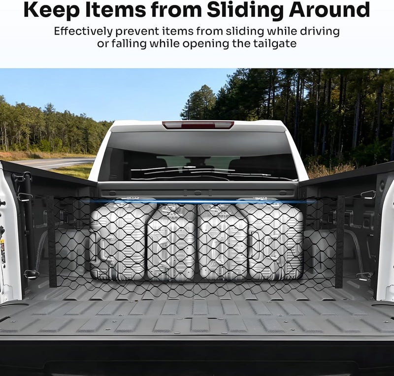 Canvcle شبكة حمولة سرير الشاحنة لسيارات 2019-2025 2026 GMC Sierra 1500/2020-2026 Chevy Silverado 2500 3500 ملحقات شبكة تنظيم وحفظ الأمتعة القابلة للتمدد من النايلون - Image 5